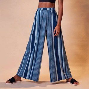 UO ECOTE blue tonal stripe gauzy wide leg pull on high rise palazzo pants FLAWED